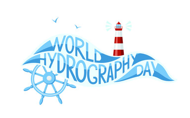 Fototapeta na wymiar Hydrodraphy day greeting card. Vector illustration with lighthouse, ship steering wheel and seagulls