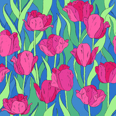 seamless background with blossom red tulips