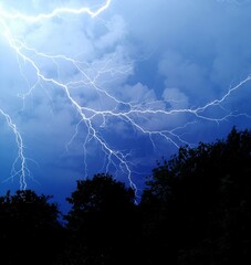 Lightning strikes in the cloudy sky