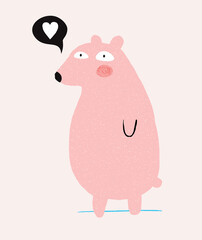 Cute Hand Drawn Pink Teddy Bear Vector Illustration. Lovely Nursery Art with Quirky Big Bear and White Heart in Black Speech Bubble. Funny Infantile Style Print for Kids Room Decoration.