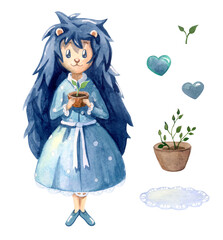 Cute hedgehog in the blue dress with houseplants. Watercolor illustration. Isolated objects on white background.
