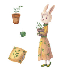 Cute bunny in the yellow dress with houseplants. Watercolor illustration. Isolated objects on white background.