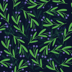 Sprig of blueberry on a dark background. Vector hand drawn seamless pattern.