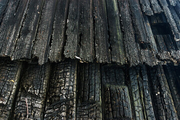 background of the burned wall surface of wooden planks