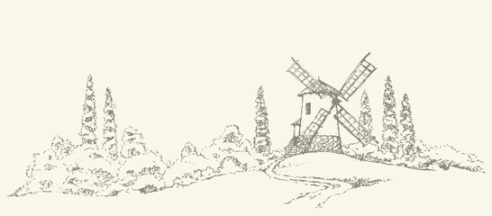 Vector drawing. The outline of the summer landscape with mill