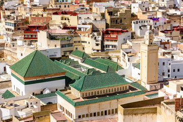 Fototapeta premium It's Spectacular aerial view of Moulay Idriss, the holy town in Morocco, named after Moulay Idriss I arrived in 789 bringing the religion of Islam