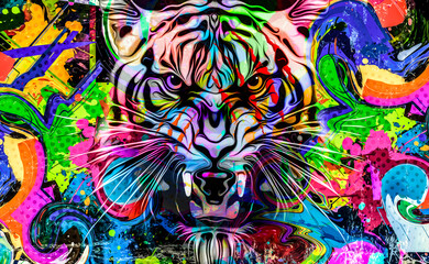 grunge background with graffiti and painted lion 