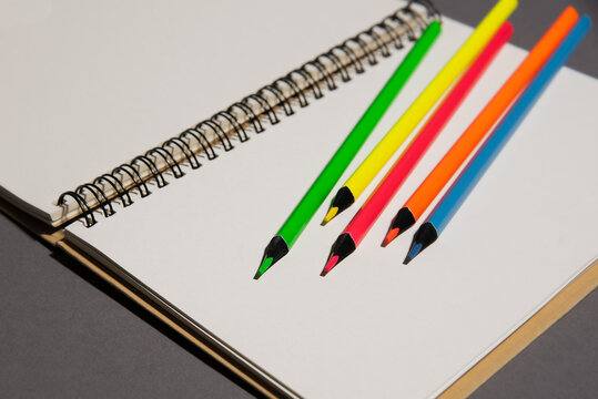 school notebook on  gray background, aspiral notebook with white pages, color pencils lie on page
