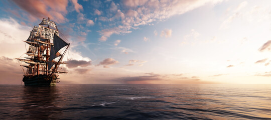 Naklejka premium Statek piracki pływający po oceanie o zachodzie słońca