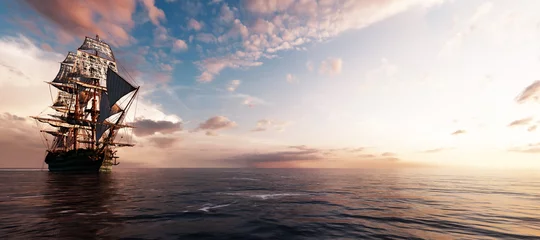 Fotobehang Pirate ship sailing on the ocean at sunset © Photocreo Bednarek