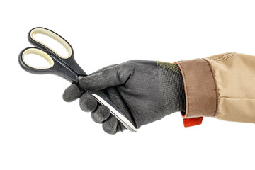 Scissors with black plastic handles in worker hand in black protective glove and brown uniform isolated on white background
