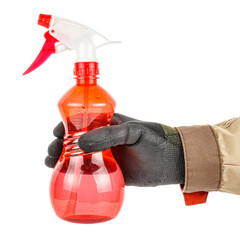 Man hand in black protective glove and brown uniform holding red transparent plastic spray bottle isolated on white background