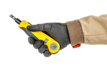 Electrician hand in black protective glove and brown uniform holding yellow crimping tool for computer network socket isolated on white background