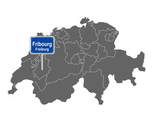 Landkarte der Schweiz mit Ortsschild von Fribourg