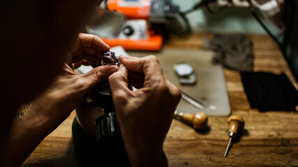 close-up. The jeweler makes a silver ring. On the island of Bali. Indonesia