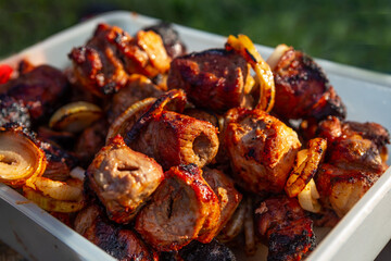 Close up photo of ready grilled meat in white tray. Cooked shashlyk served with onion on the plate.