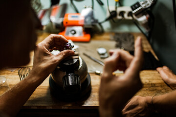 close-up. The jeweler makes a silver ring. On the island of Bali. Indonesia
