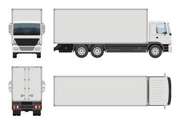 Box truck vector template with simple colors without gradients and effects. View from side, front, back, and top