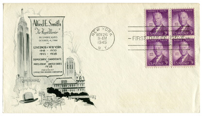 New York, NY, The USA, 26 November 1945: US historical envelope: cover with a cachet Alfred Emanuel...
