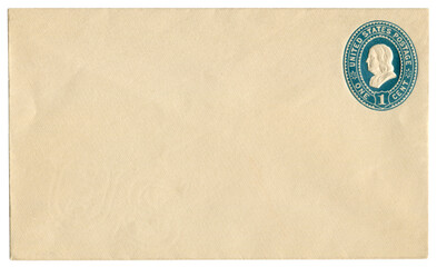 US blanked historical envelope with watermark with blue imprinted One cent stamp with a profile of Benjamin Franklin, The USA, 1892
