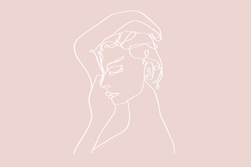 Portrait of a beautiful woman side view. Continuous line drawing.