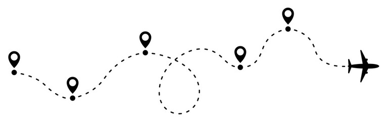 Airplane line path travel line icon set. Airplane path in dotted line shape.Airplane routes set.Romantic travel, heart dashed line trace and plane routes isolated vector illustration. © vectorsanta
