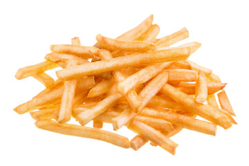 a pile of appetizing french fries on a white background