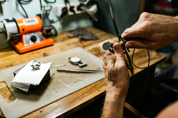 close-up. The jeweler makes a silver ring. On the island of Bali. Indonesia
