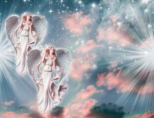 two angels archangels with dove over beautiful divine angelic mystic ping gray background with rays...