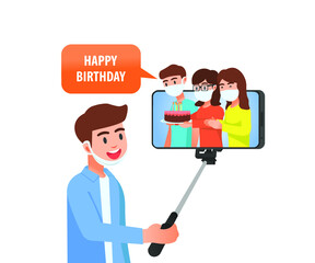 Teenage boy celebrates his birthday via video call