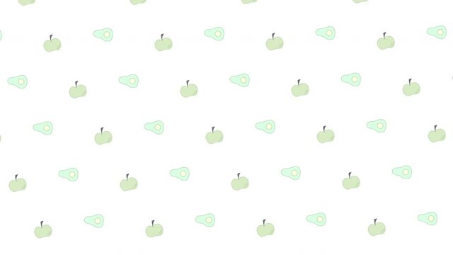 Green apples and avocado illustration animated video. Vegetarian animation for healthy food and treatment concept. 4K seamless and endless pattern background