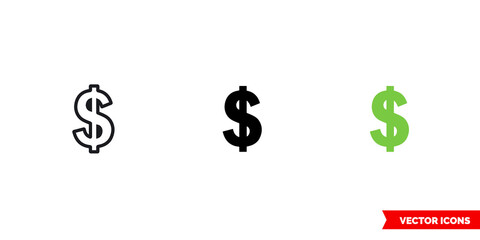 Dollar icon of 3 types. Isolated vector sign symbol.