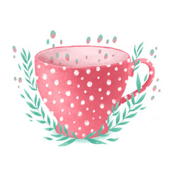 Red cup of tea on the table with leaves and bubbles around it. Adorable concept for your design, poster, blog. Hand drown color artwork illustration with white spots on cup