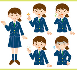制服を着た女子学生の表情ポーズイラストセット/冬服/白背景