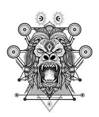 Illustration vector gorilla head mandala style with sacred geometry.