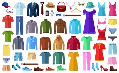 Woman and man clothes and accessories collection - fashion wardrobe - vector color illustration