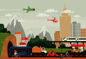 Public transport in the city. Cars, bikes, bus on the road. Outdoor illustration.
