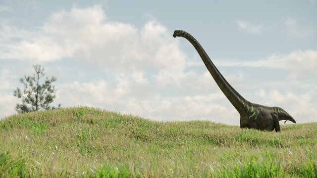 3d rendering of the walking and grazing mamenchisaurus dinosaur