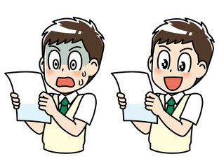高校生　男子　男子高生　 テスト　セット　ビフォアフター　ショック　結果　喜び　学力アップ　プリント　テスト用紙　答案用紙　答案　勉強　制服　学生　中学生　中高生　生徒　　教育　学校　スクール　授業　学習　勉強　予備校　塾　試験　受験生　受験　夏期講習　机　夏服　10代　学生服　半袖　かわいい　若い　男　男の子　男性　男子学生　アニメ　マンガ　まんが　漫画　キャラクター　元気　manga