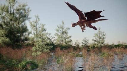 3d rendering of the fantasy re dragon flying