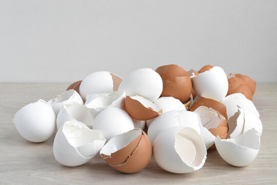 A pile of broken empty brown and white eggshells.