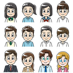 高校生　生徒　先生　セット　顔　人々　バリエーション　アイコン　表情　セット　ひとそろい　笑顔　制服　学生　中学生　中高生　女子　男子　男女　ALT　外国語指導　外人　外人の先生　教育　学校　スクール　授業　学習　勉強　予備校　塾　試験　受験生　受験　夏期講習　夏服　10代　20代　30代　学生服　半袖　かわいい　女　男　女性　女性　アニメ　まんが　キャラクター　