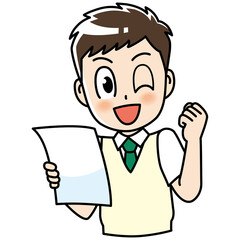 高校生　男子　男子高生　ガッツポーズ 　テスト　プリント　勉強　制服　学生　中学生　中高生　生徒　ウインク　テスト　テスト用紙　答案用紙　答案　教育　学校　スクール　授業　学習　勉強　予備校　塾　試験　受験生　受験　夏期講習　机　夏服　10代　学生服　半袖　かわいい　若い　男　男の子　男性　男子学生　アニメ　マンガ　まんが　
漫画　キャラクター　元気　manga