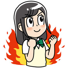高校生　女子　女子高生　ガッツポーズ 　やる気　燃える　炎　 勉強　制服　学生　中学生　中高生　生徒　教育　学校　スクール　授業　学習　勉強　予備校　塾　試験　受験生　受験　夏期講習　夏服　10代　学生服　半袖　かわいい　若い　女子　女の子　女性　女子学生　女　アニメ　マンガ　まんが　漫画　キャラクター　元気　manga