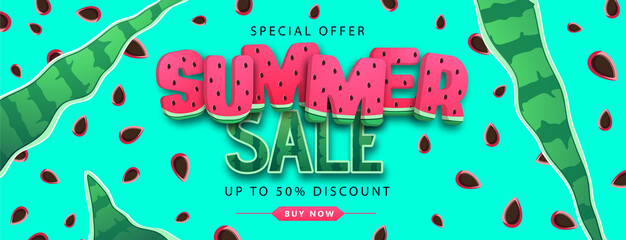 Colorful summer big sale poster with watermelon. Summertime background