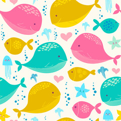 Seamless vector pattern with whales, starfish and jellyfish.