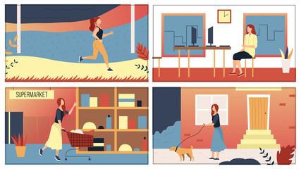 Concept Of Everyday Leisure Routine Woman. Bundle Of Daily Life Scenes. Girl Is Jogging, Shopping In Supermarket, Walking With Dog And Working In Office. Cartoon Flat Style Vector Illustrations Set