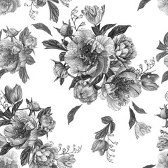 Floral seamless pattern with watercolor peonies and tulips. Monochrome