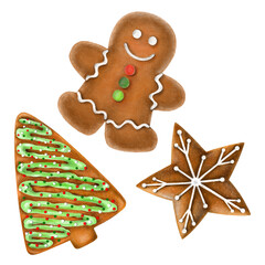 Hand drawn gingerbread cookies set isolated on white background. Xmas and New year concept