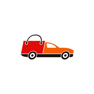 Fast shipping delivery truck with shopping bag. Vector logo icon for apps and websites